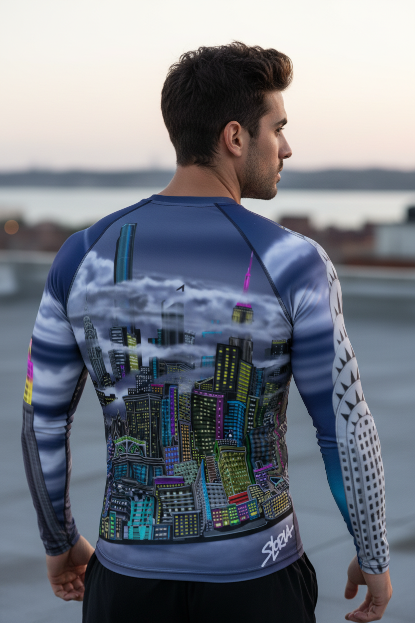 Person wearing a colorful long-sleeve shirt with a Loria NYC Art cityscape design, standing by a waterfront.