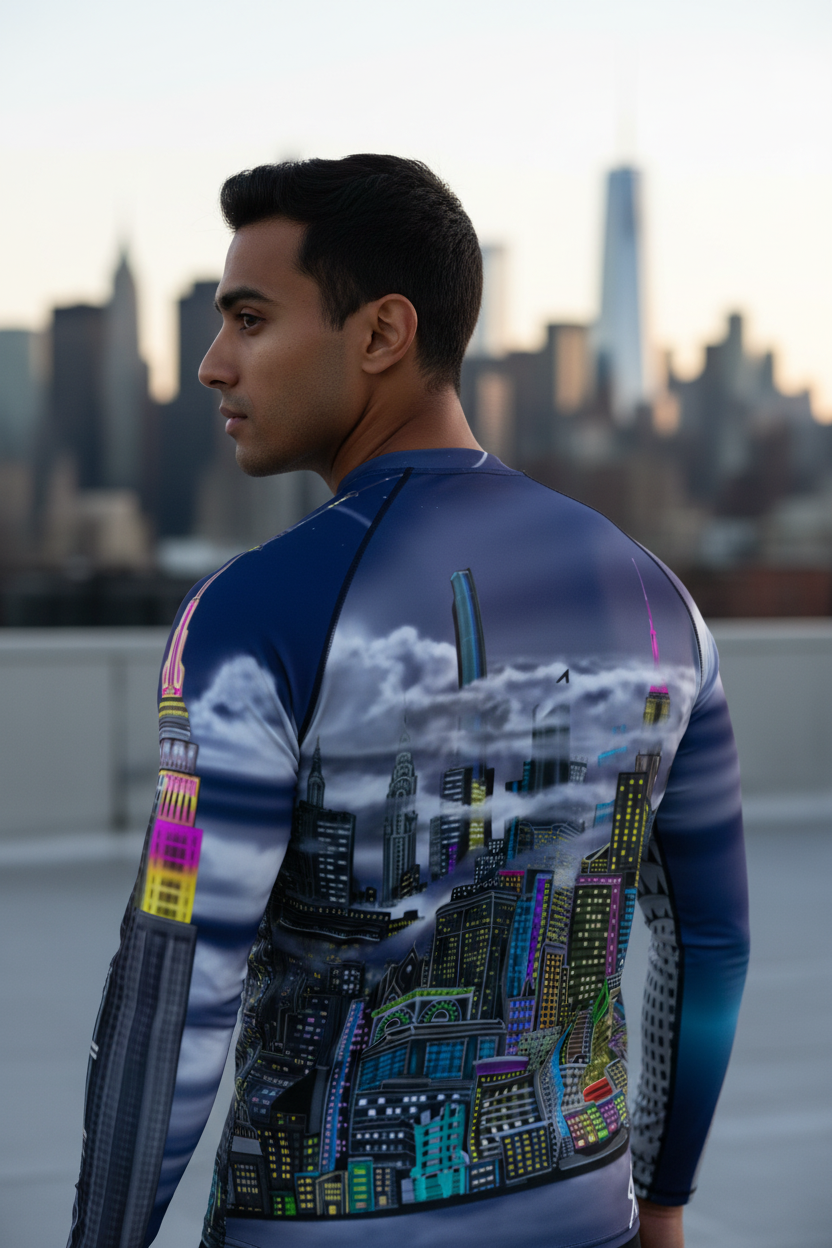 Person wearing a blue athletic shirt with a Loria NYC Art cityscape design, standing on a rooftop with a city skyline in the background.