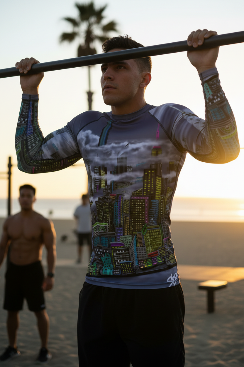 Person doing pull-ups on a beach with a Loria NYC Art cityscape design shirt