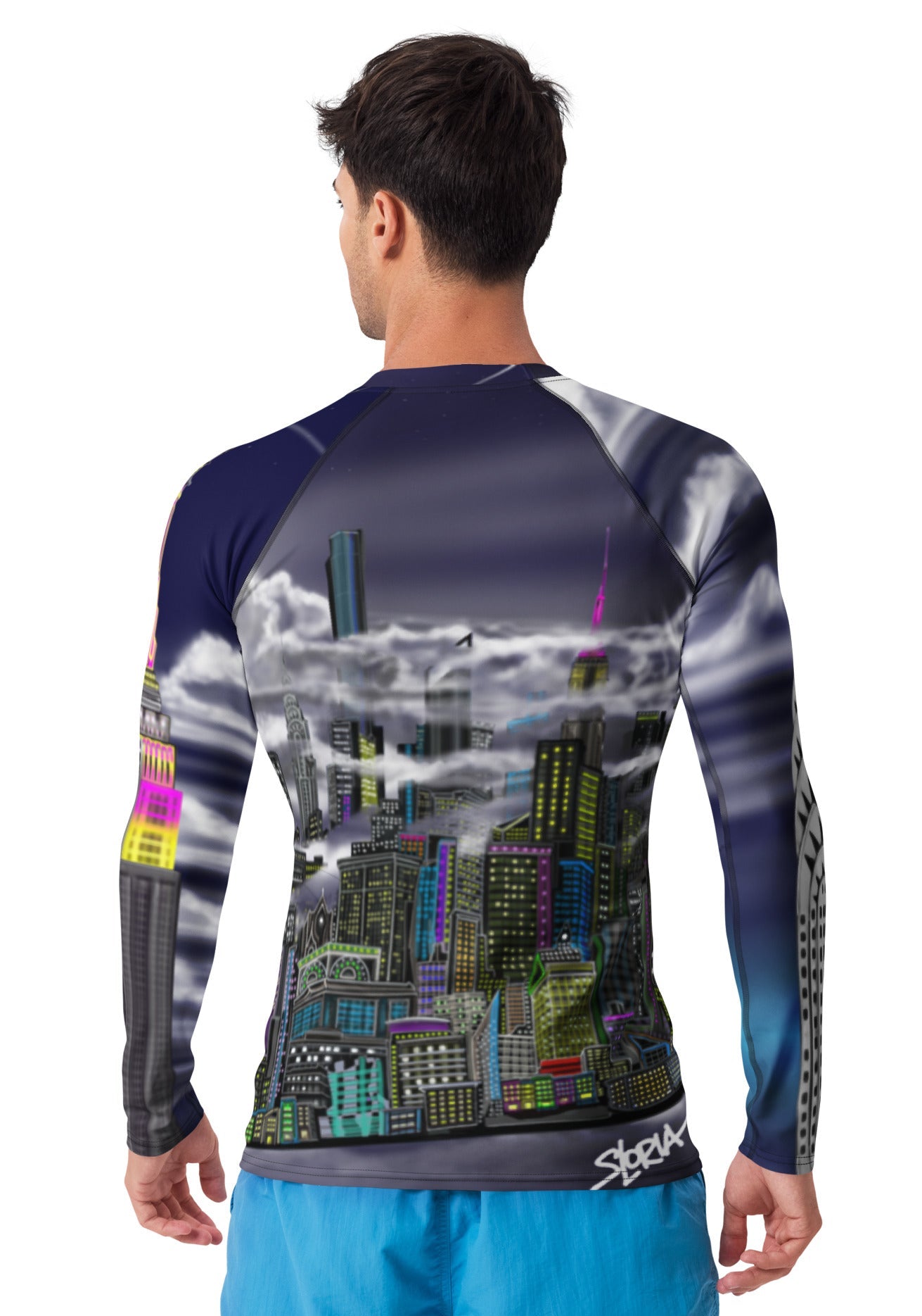 Backview of Athletic men’s long sleeve shirt, Rash Guard with Cavaliere dell'Impero artistic NYC skyline design by S.Loria NYC Art
