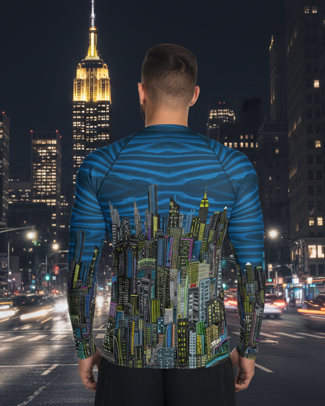 Person wearing a long-sleeve Loria NYC Art shirt with cityscape design on a white background