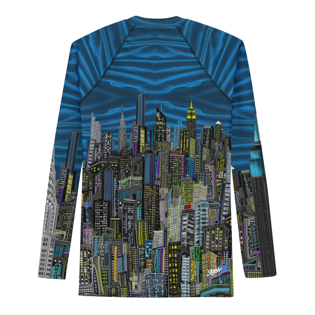 Long-sleeve blue shirt with cityscape Loria NYC Art  design on a white background