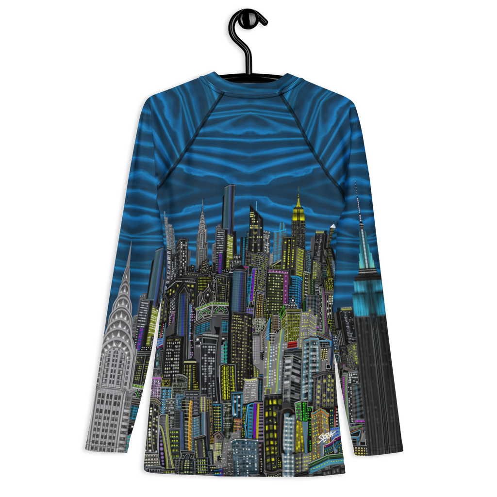 Long-sleeve  Loria NYC Art shirt with cityscape design on a hanger against a white background