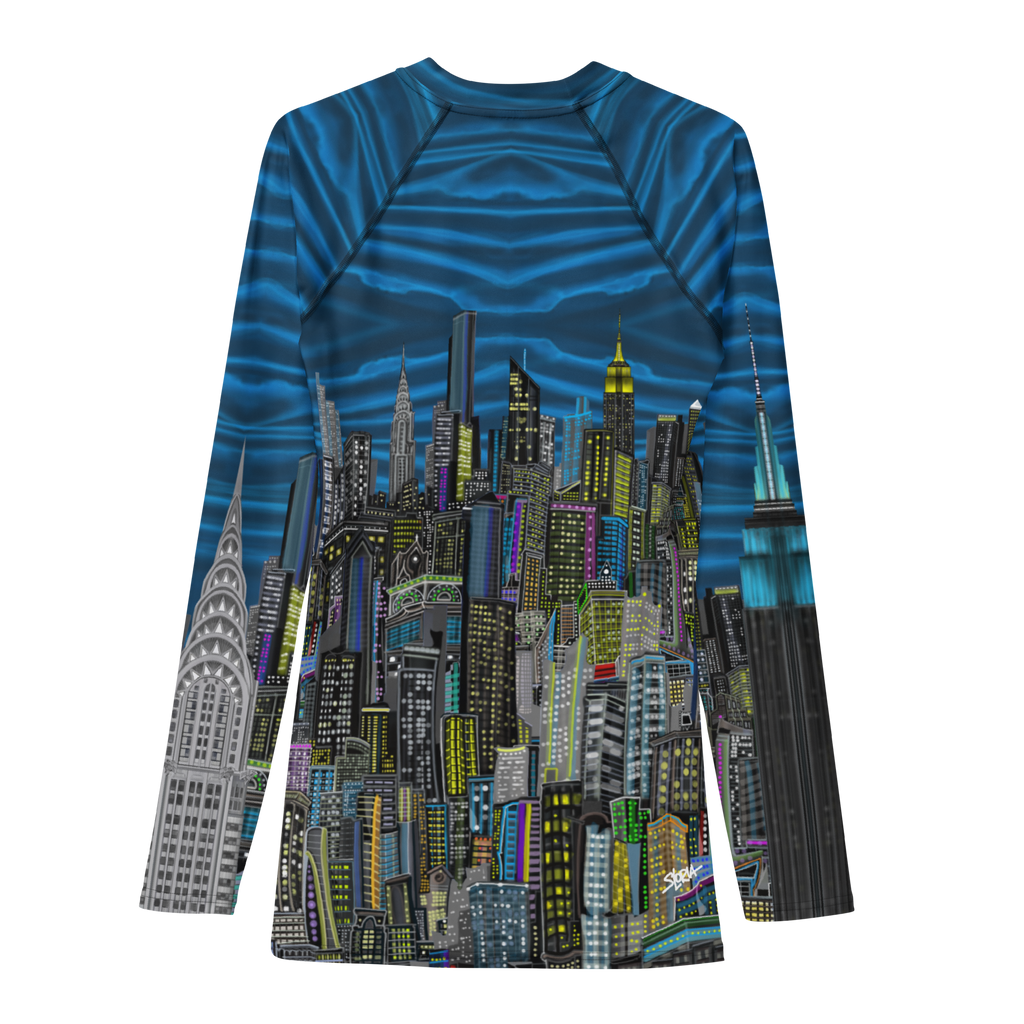 Long-sleeve blue shirt with cityscape Loria NYC Art design on a white background
