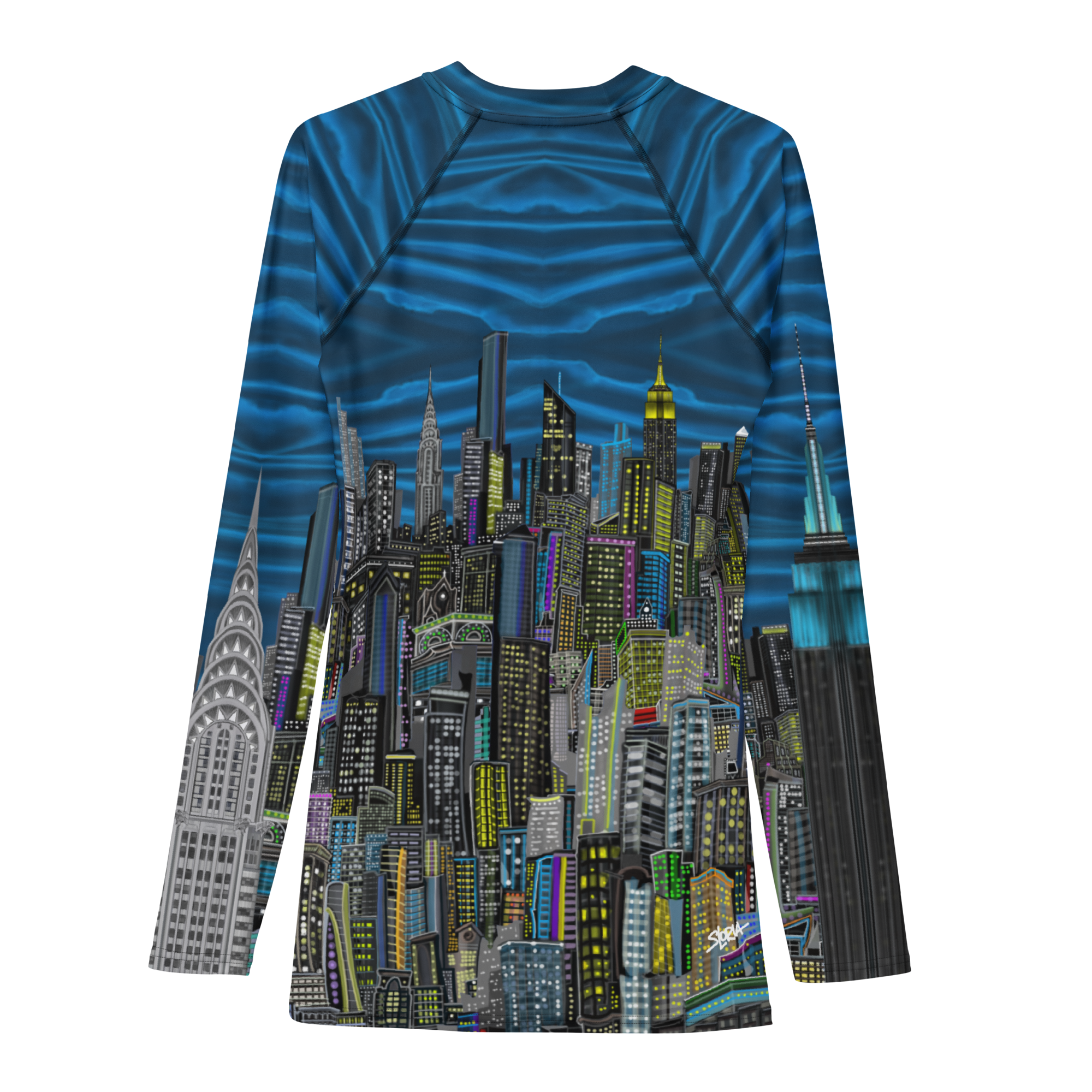 Long-sleeve blue shirt with cityscape Loria NYC Art design on a white background