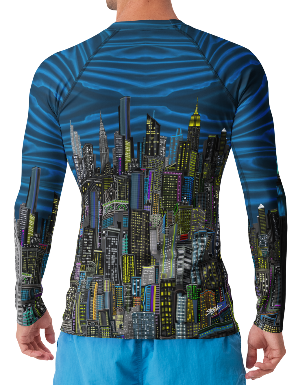 Person wearing a blue and black patterned long-sleeve shirt with a  Loria NYC Art cityscape design on a white background