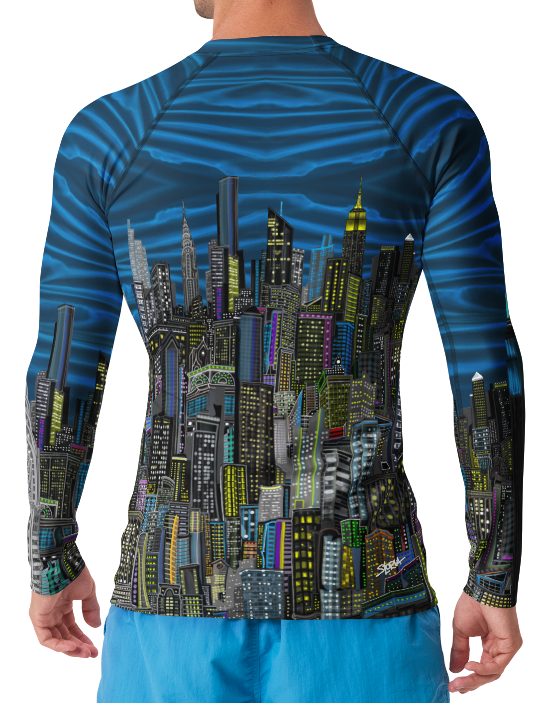 Person wearing a blue and black patterned long-sleeve shirt with a  Loria NYC Art cityscape design on a white background