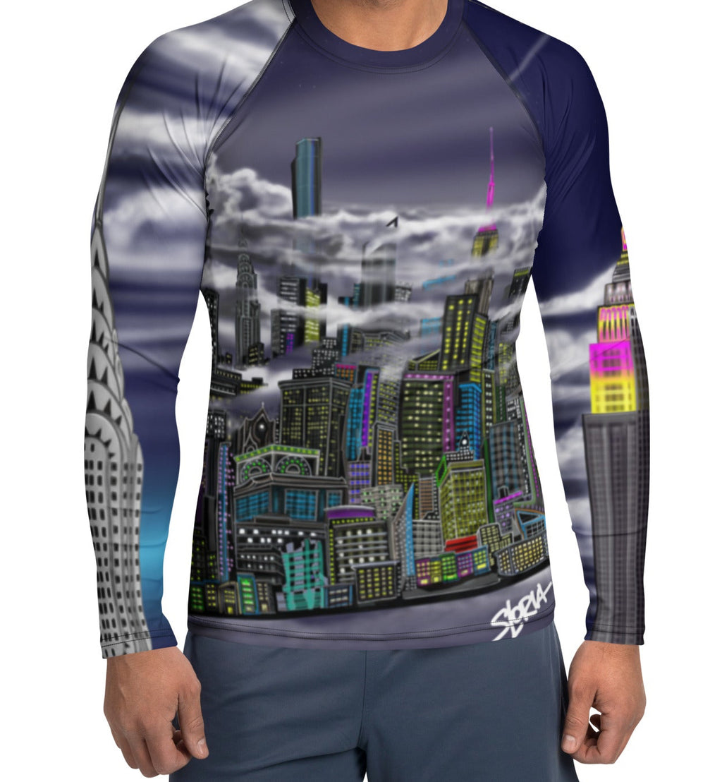 Man wearing long sleeve shirt, Rash Guard with Cavaliere dell'Impero artistic NYC skyline design by S.Loria NYC Art