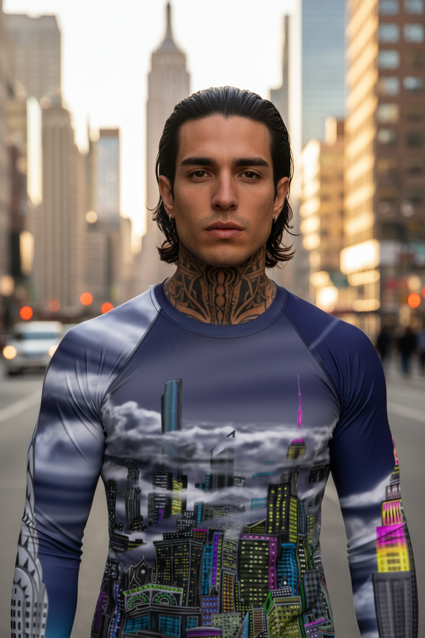 Person wearing a long-sleeve shirt with cityscape Loria NYC Art design in an urban setting