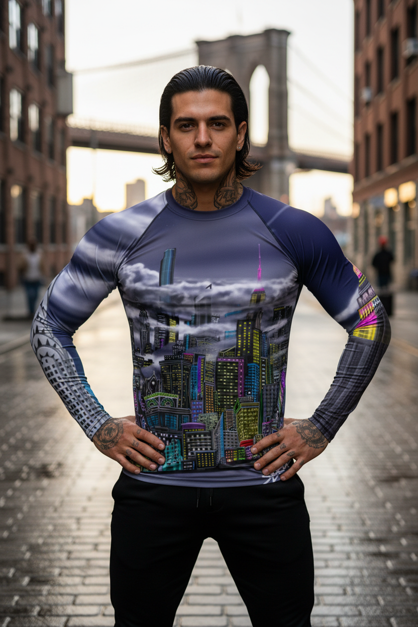 Man wearing a graphic t-shirt with cityscape Loria NYC Art design on an urban street.