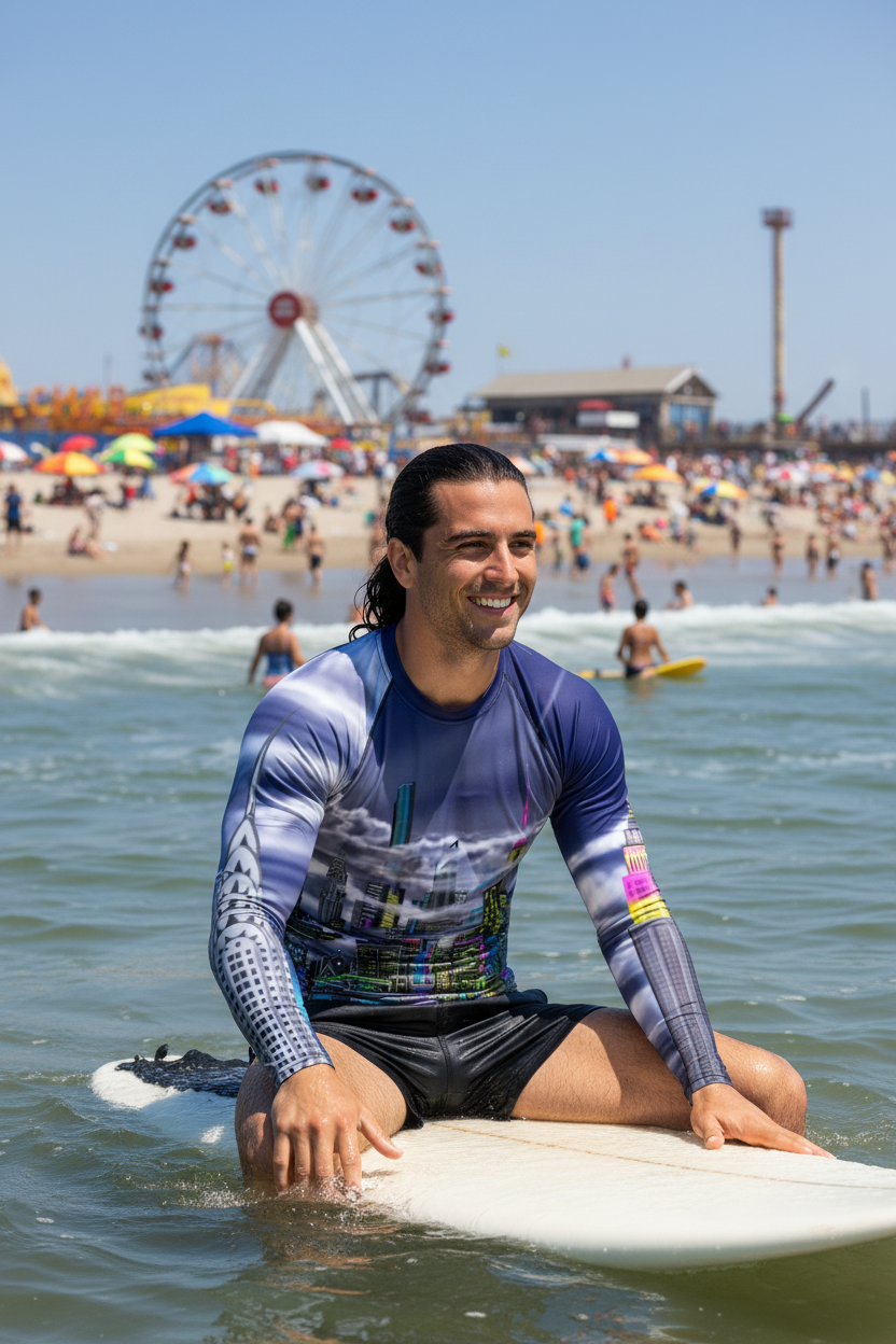 Man on a surf board wearing a colorful Loria NYC Art rash guard in the ocean water