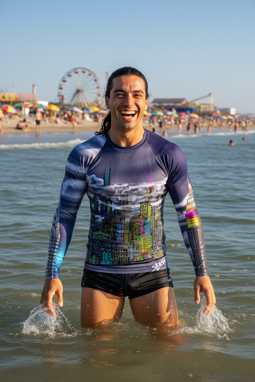 Man wearing a colorful Loria NYC Art rash guard in the ocean water