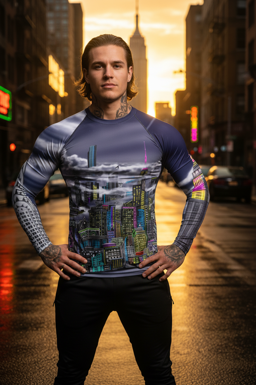 Person wearing a graphic t-shirt with cityscape Loria NYC Art design on a city street at sunset.