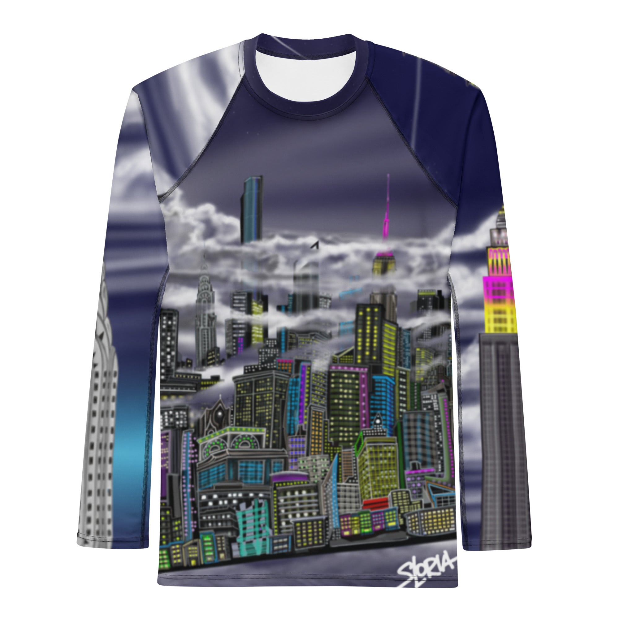Frontview of Athletic men’s long sleeve shirt, Rash Guard with Cavaliere dell'Impero artistic NYC skyline design by S.Loria NYC Art