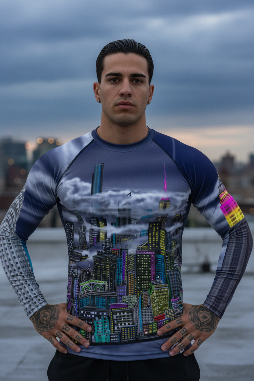 Man wearing a long-sleeve shirt with a cityscape Loria NYC Art design on a rooftop at dusk.
