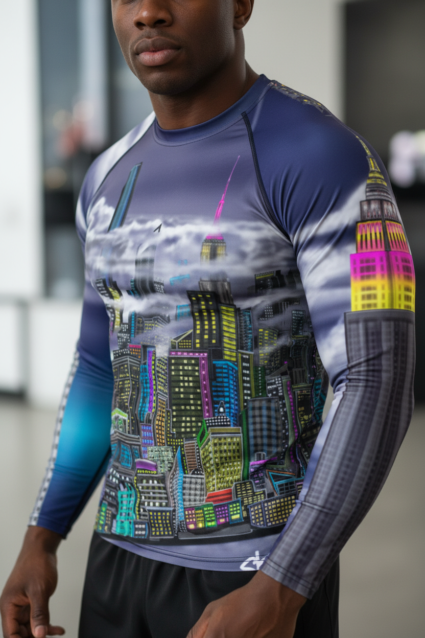 Person wearing a compression shirt with Loria NYC Art cityscape design