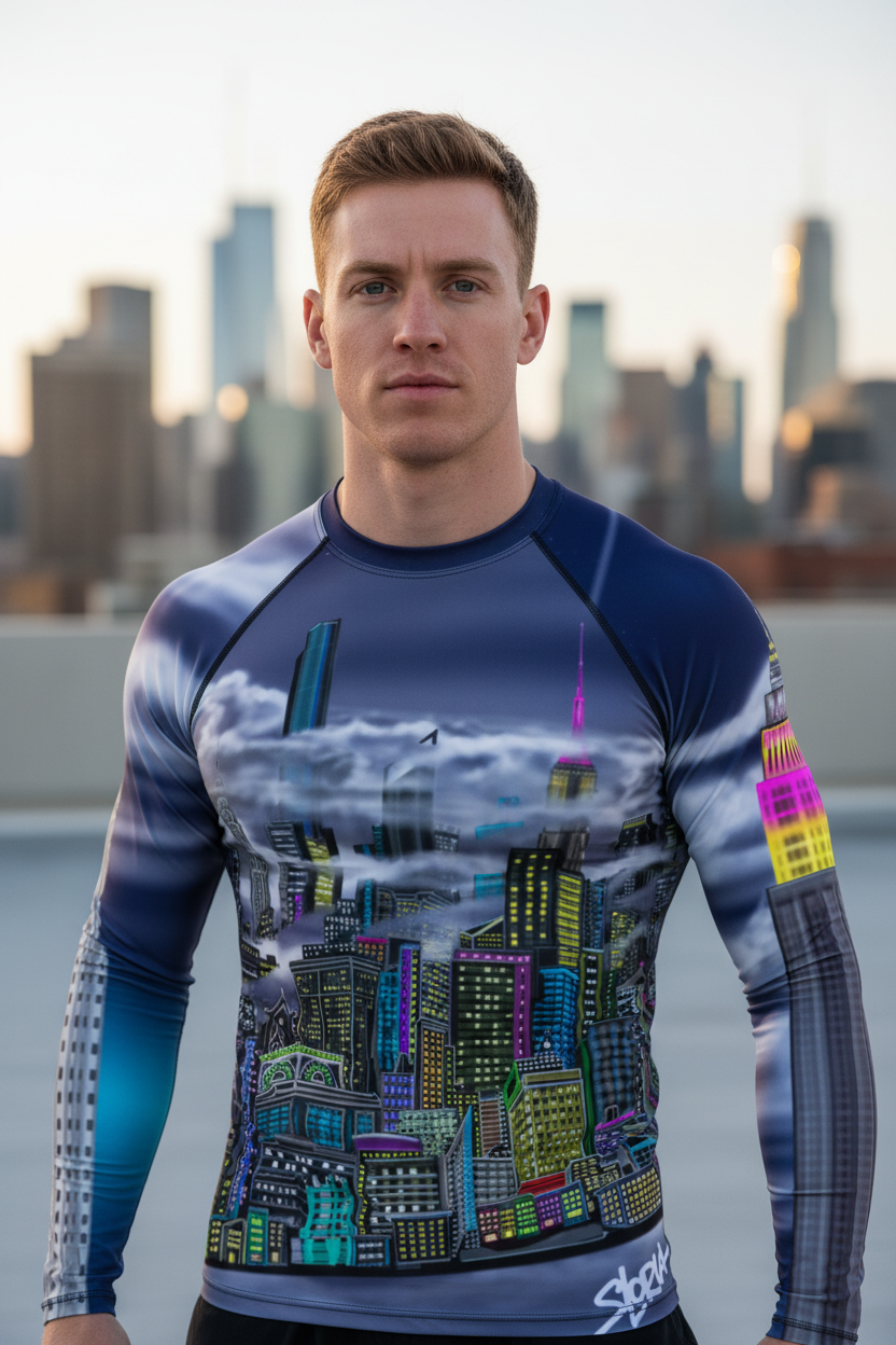 Man wearing a colorful long-sleeve shirt with cityscape Loria NYC Art design against a city skyline.