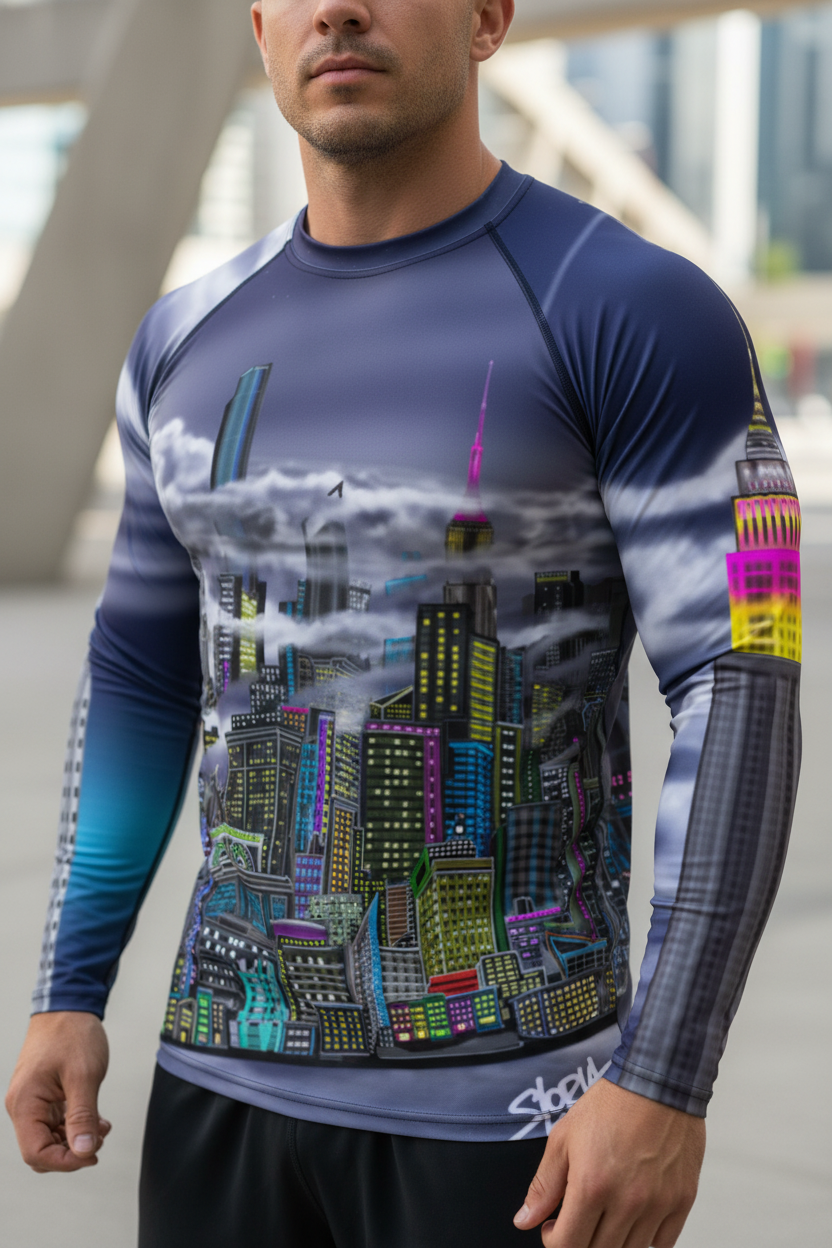 Person wearing a long-sleeve shirt with a cityscape Loria NYC Art design in an urban setting