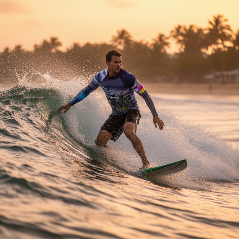 Surfer wearing a Loria NYC Art rashguard riding a wave with palm trees and sunset in the background
