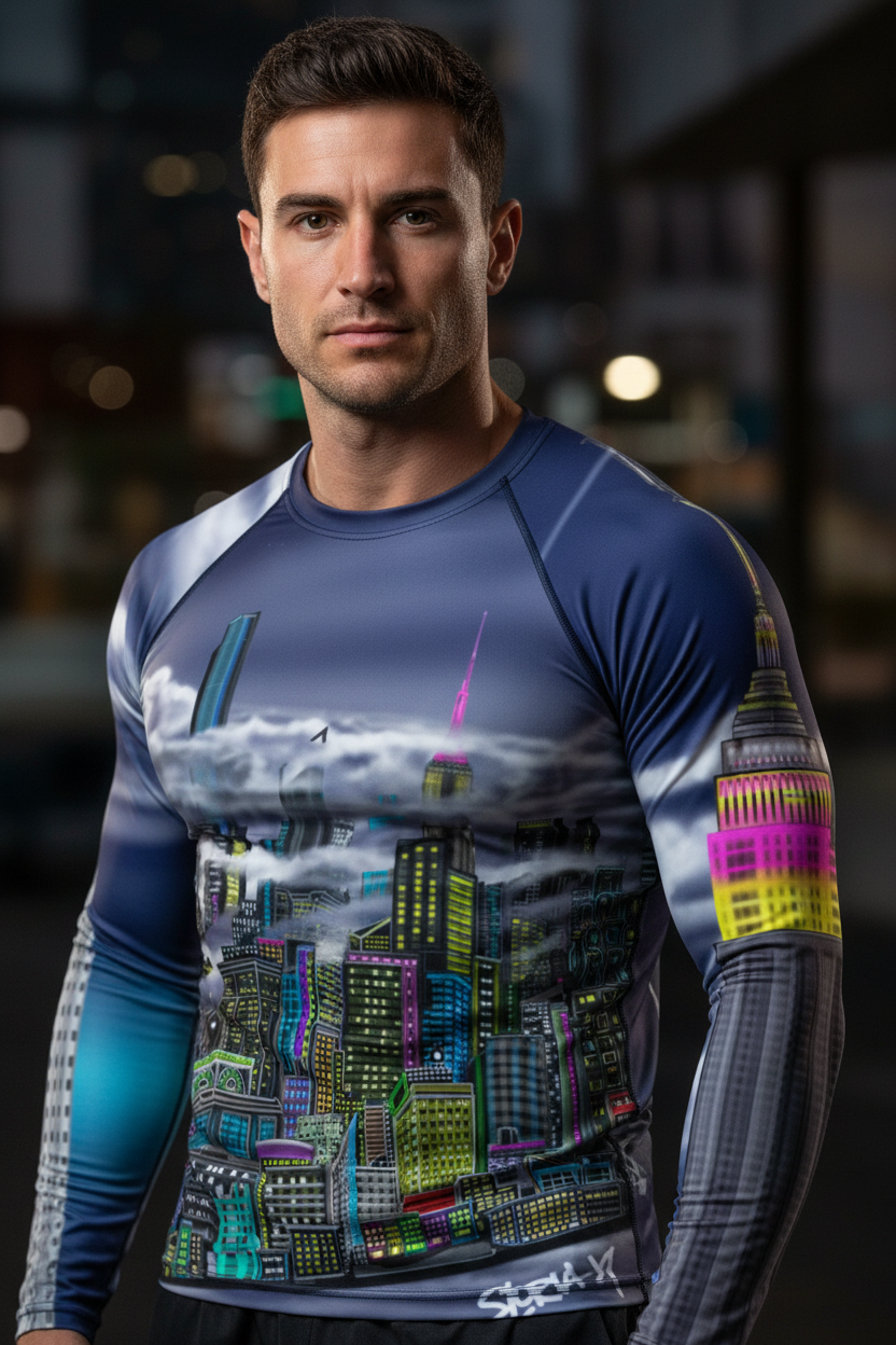 Man wearing a blue athletic shirt with cityscape Loria NYC Art design on a blurred street background