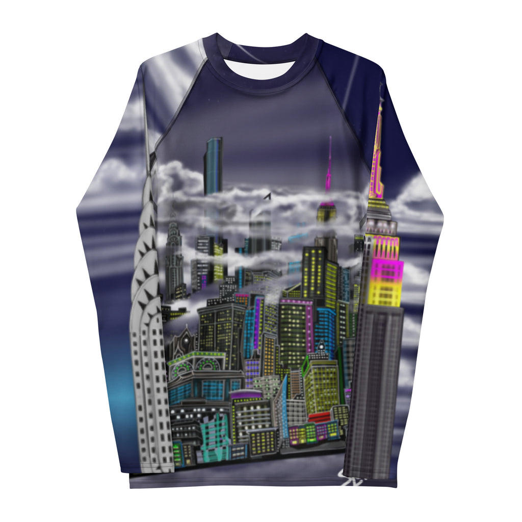 Front of men’s Rash Guard with Cavaliere dell'Impero artistic NYC skyline design by S.Loria NYC Art