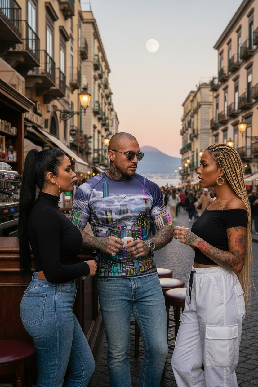 Man wearing a Loria NYC Art shirt standing on a street with buildings and a mountain in the background
