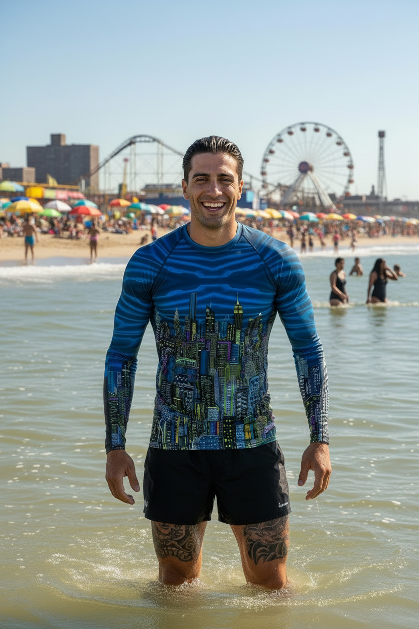 Man wearing a blue Loria NYC Art rash guard shirt at the beach