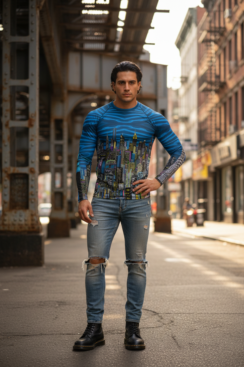 Man wearing a blue sweater with a cityscape Loria NYC Art design and ripped jeans standing on an urban street.