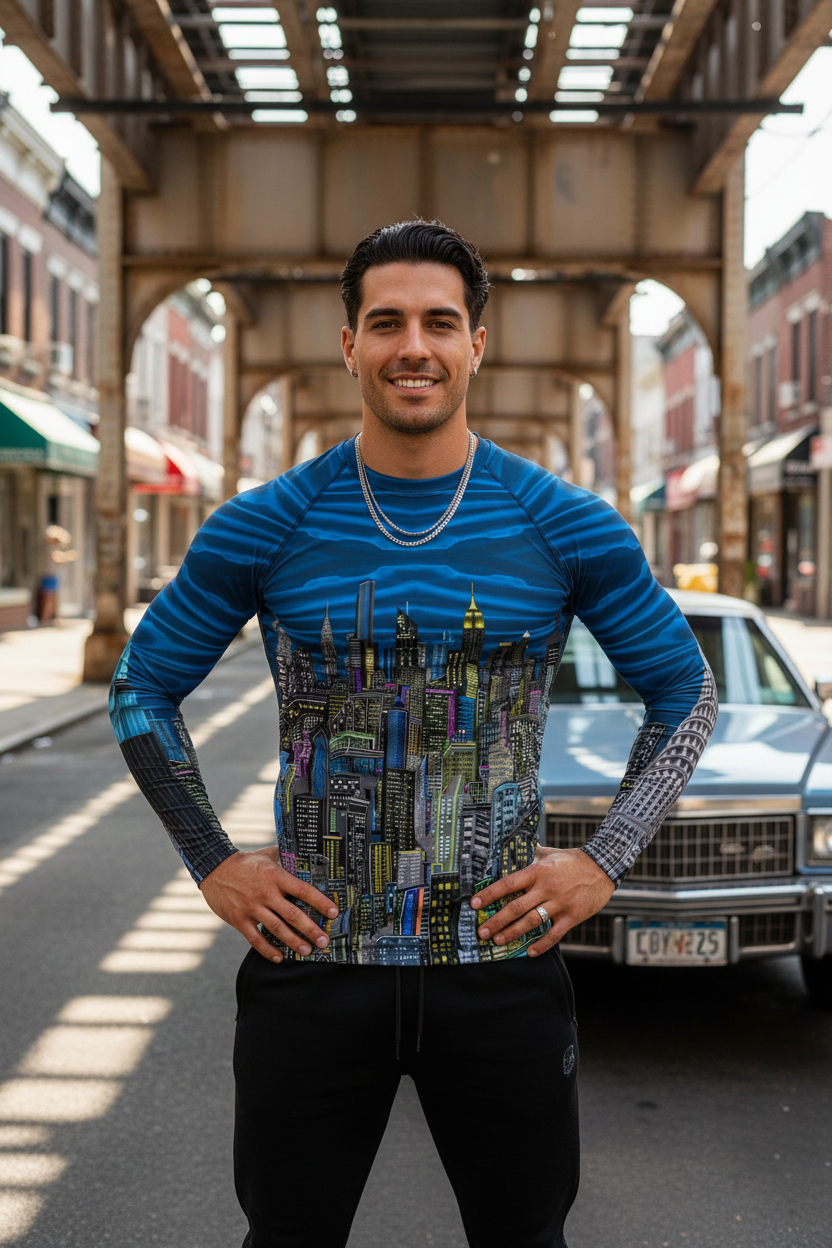 Man wearing a blue Loria NYC Art shirt with a unique pattern on a city street.