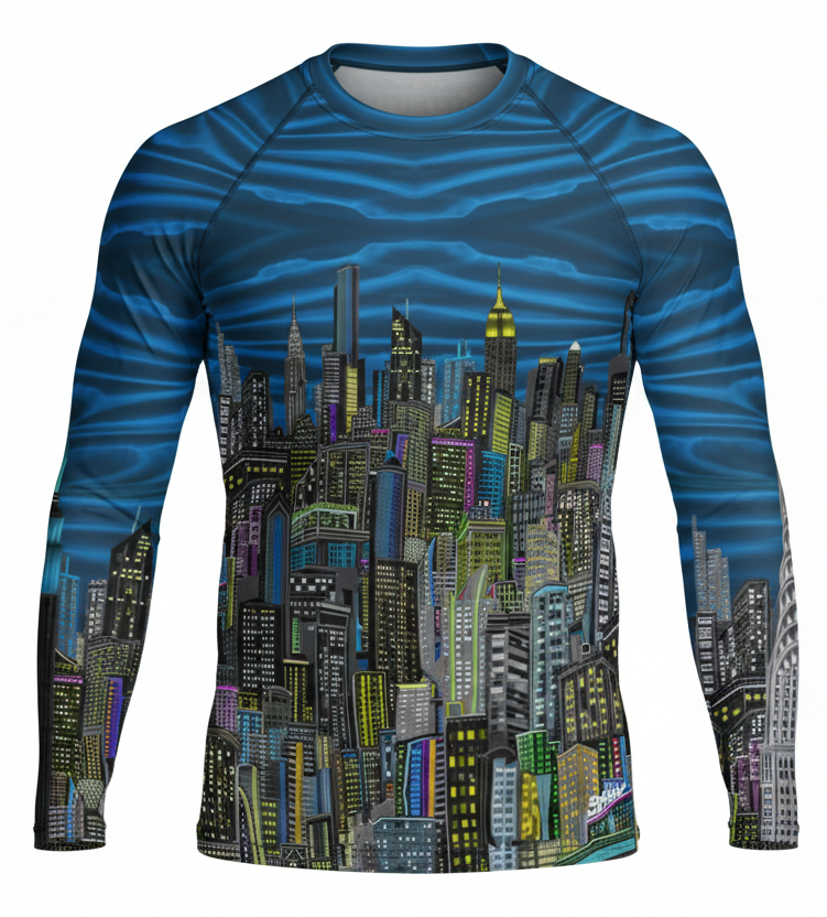 Long-sleeve shirt with Loria NYC Art cityscape design on a white background