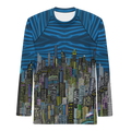 Long-sleeve shirt with a Loria NYC Art cityscape design on a white background