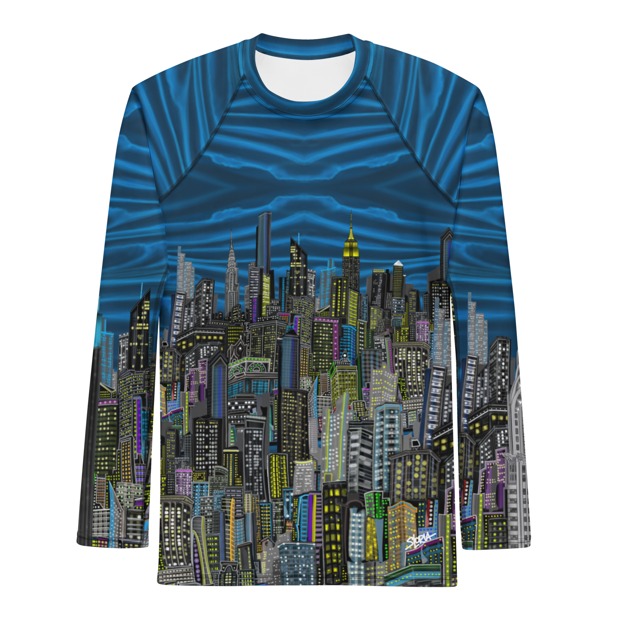 Long-sleeve shirt with a Loria NYC Art cityscape design on a white background