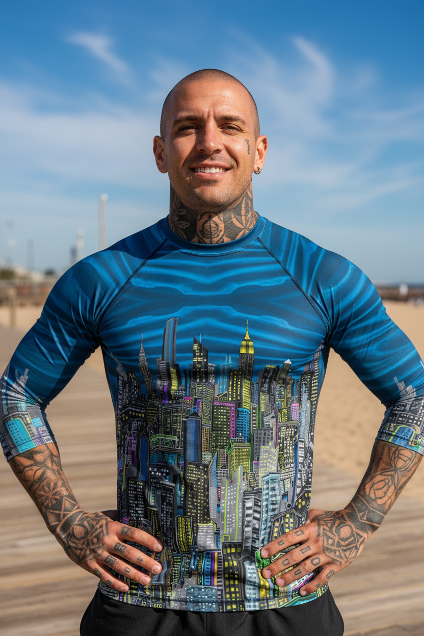 Man wearing a blue graphic Loria NYC Art t-shirt with tattoos on arms standing on a beach.