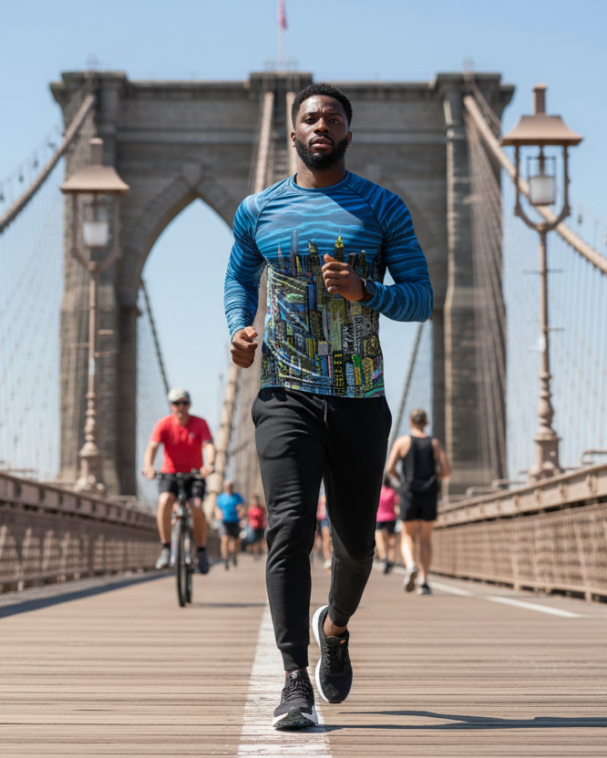 Man  wearing a Loria NYC Art rash guard shirt running on a bridge with the Brooklyn Bridge in the background