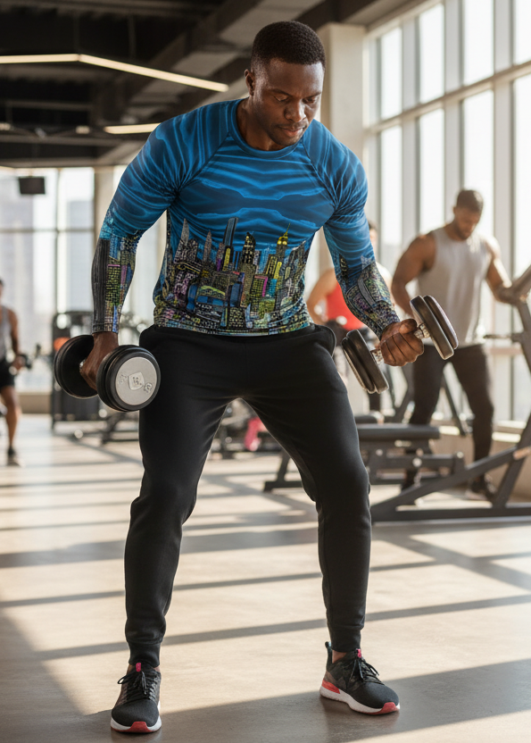 Man exercising with dumbbells in a gym wearing a blue Loria NYC Art rash guard shirt