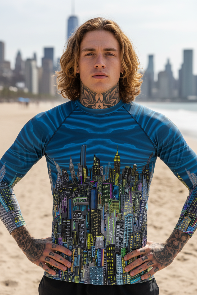 Person wearing a blue graphic Loria NYC Art t-shirt on a beach with a city skyline in the background
