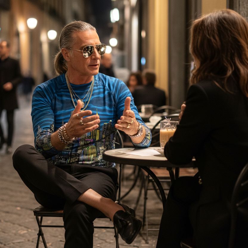 Man wearing blue Loria NYC Art shirt sitting at a table outdoors, engaged in conversation with another person.