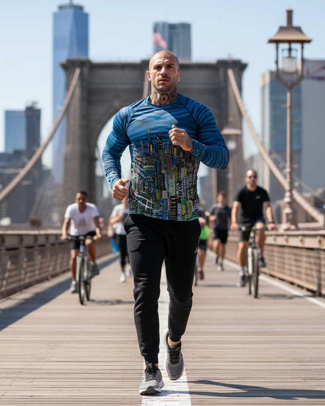 Man running on a bridge with a city skyline Loria NYC Art shirt design 