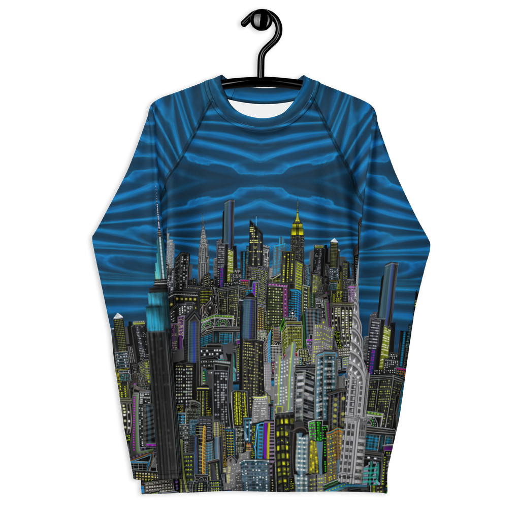 Long-sleeve shirt with cityscape  Loria NYC Art design on a hanger against a white background