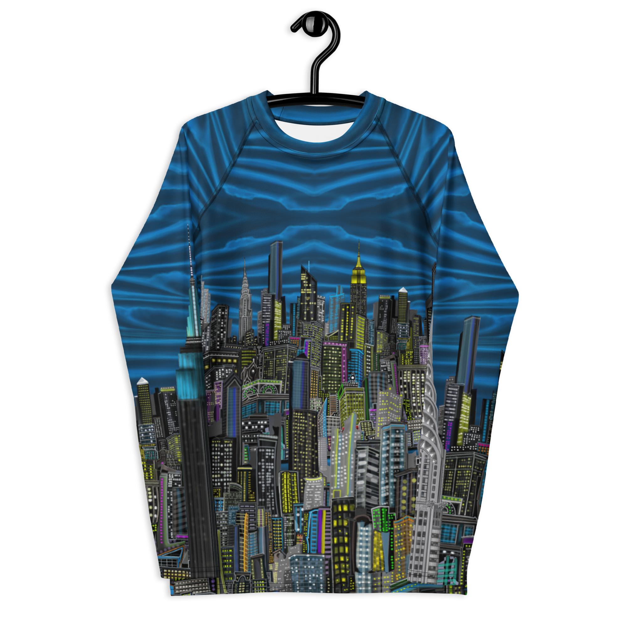 Long-sleeve shirt with cityscape  Loria NYC Art design on a hanger against a white background