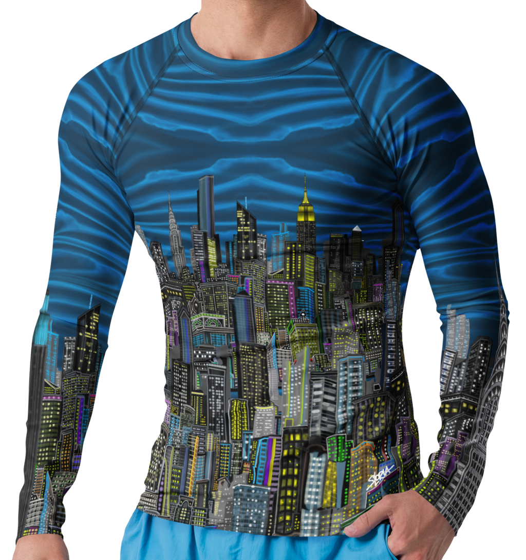 Man wearing a blue long-sleeve shirt with cityscape  Loria NYC Art design on a white background