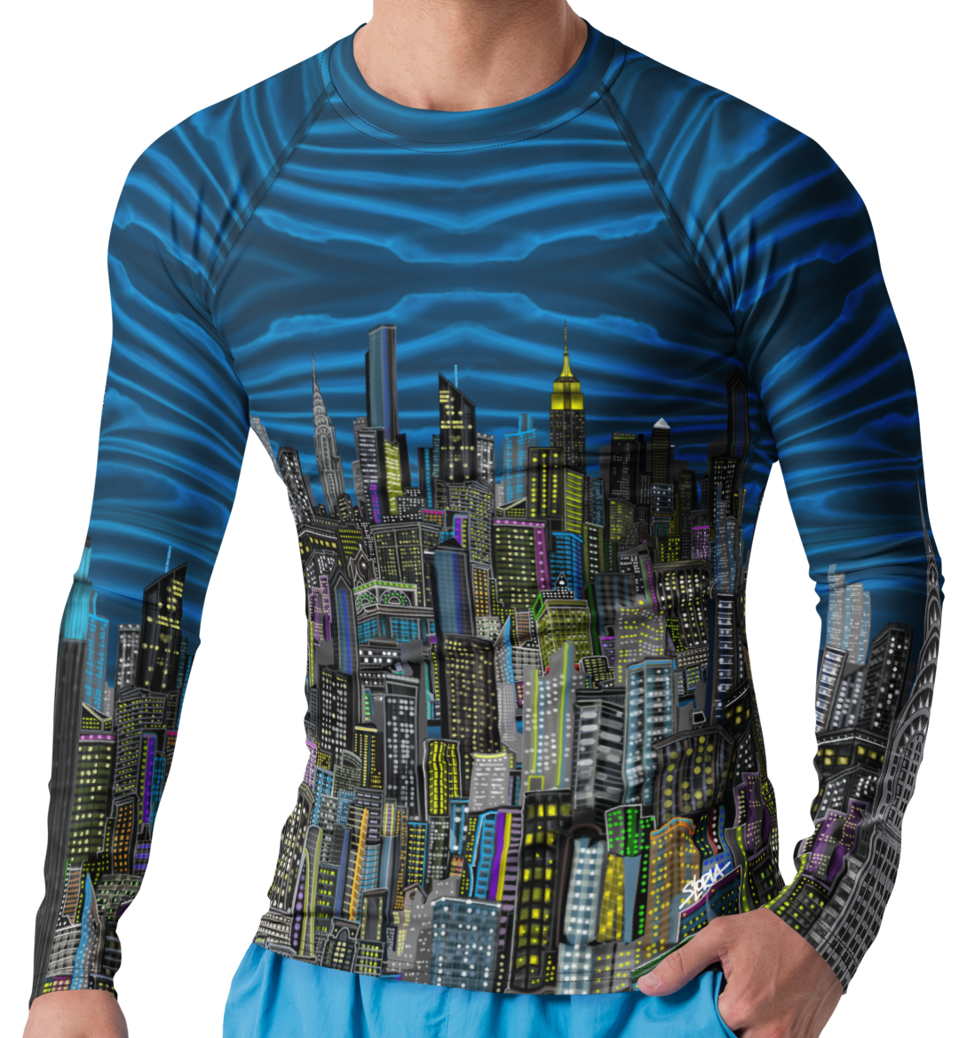 Man wearing a blue long-sleeve shirt with cityscape  Loria NYC Art design on a white background