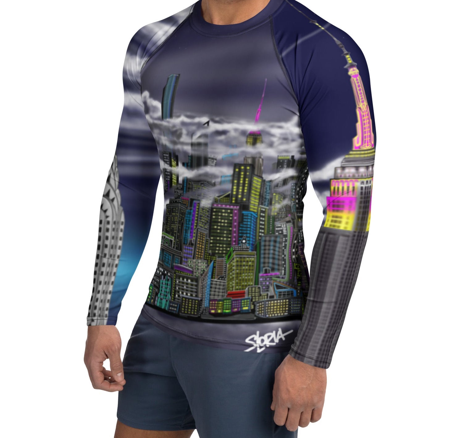 Man posing in long sleeve Rash Guard with Cavaliere dell'Impero artistic NYC skyline design by S.Loria NYC Art