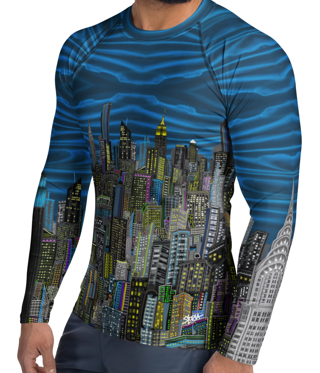 Man wearing a long-sleeve shirt with a Loria NYC Art cityscape design on a white background
