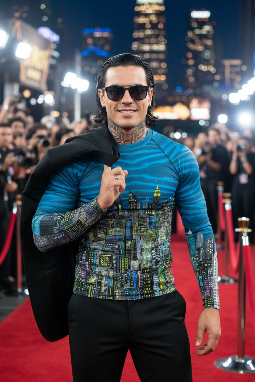 Man wearing a Loria NYC Art  rash guard on a red carpet with city skyline in the background