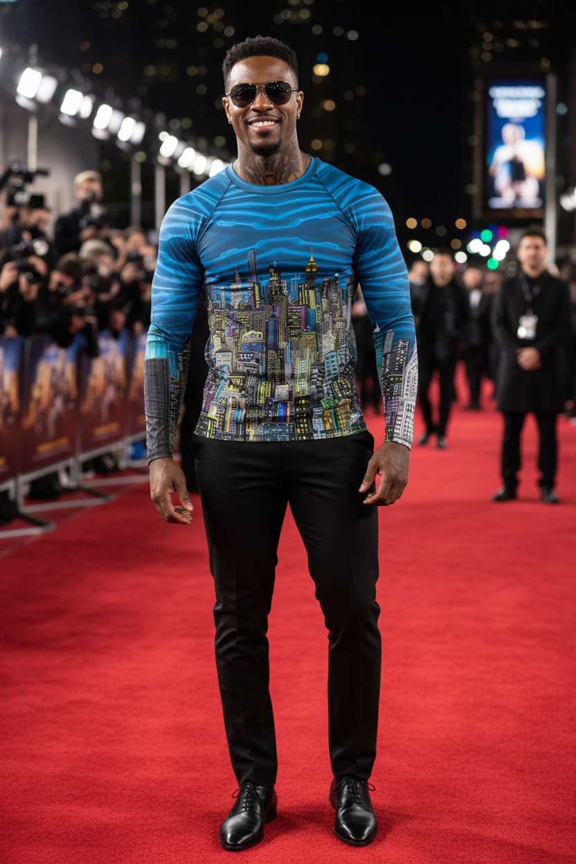 Man in a blue Loria NYC Art patterned shirt on a red carpet at an event