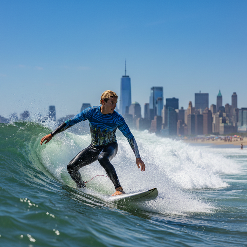 Person wearing Loria NYC Art rash guard surfing with a city skyline in the background
