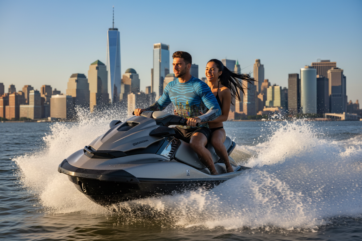 Two people riding a jet ski with man wearing blue Loria NYC Art rash guard with the NYC skyline in the background