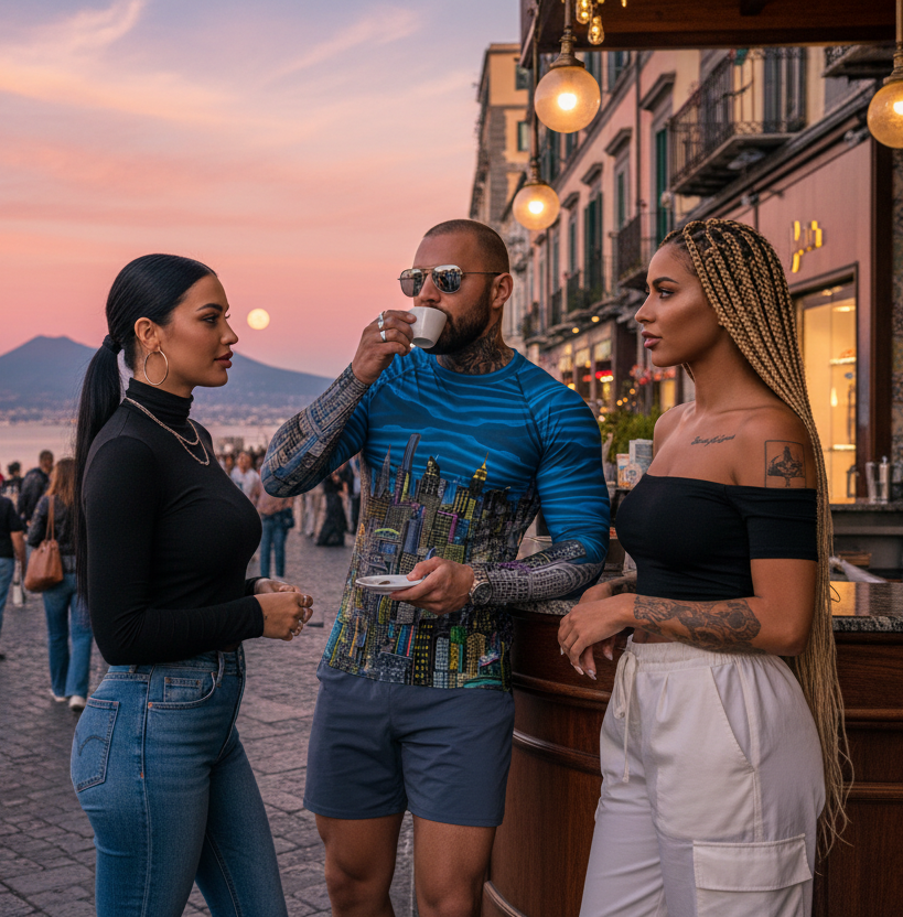 Guy wearing a blue  Loria NYC Art with two people standing on a street at sunset with a mountain in the background