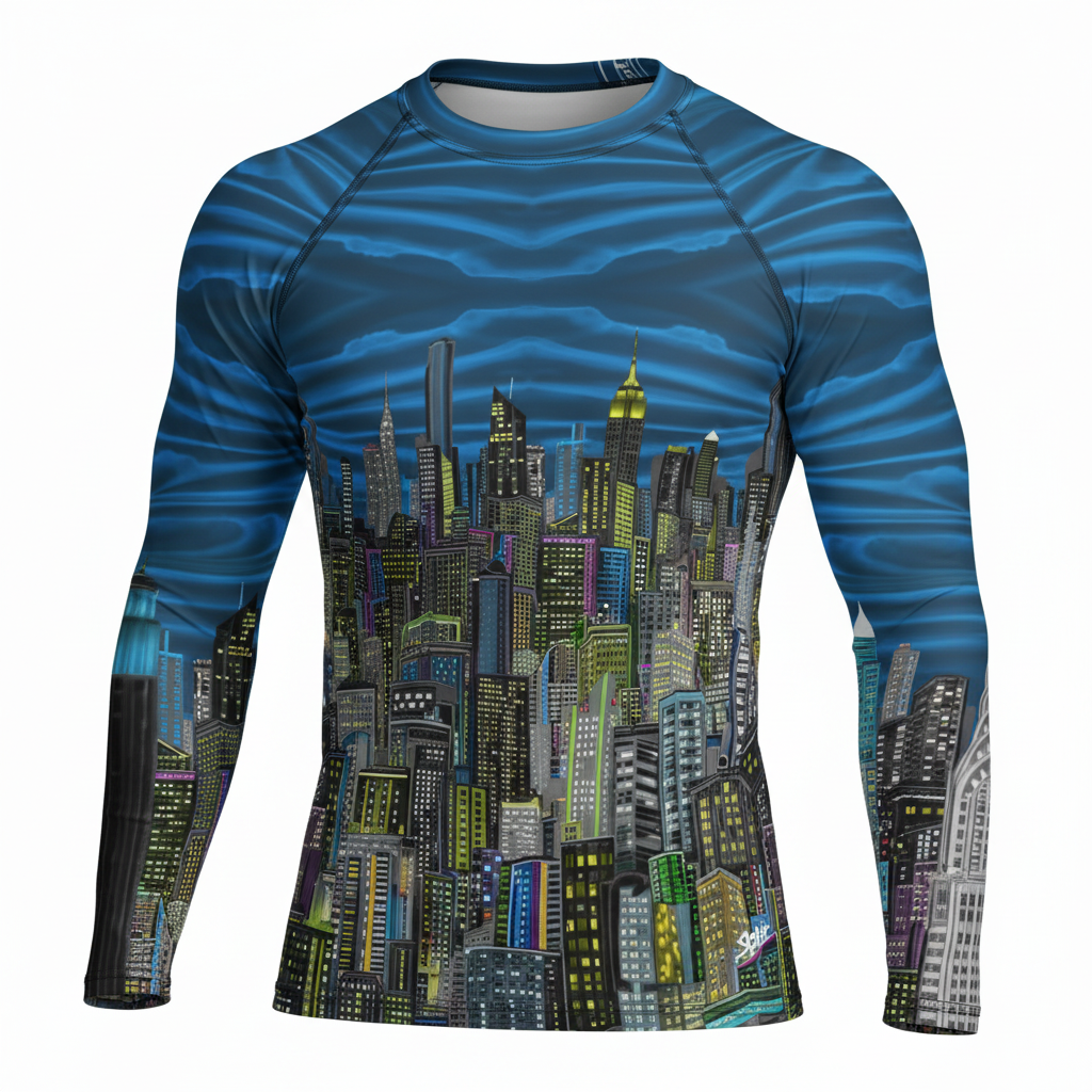 Long-sleeve shirt with Loria NYC Art cityscape design on a white background